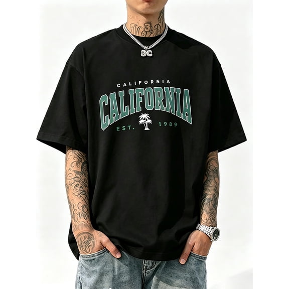 Unisex Oversized Black T-Shirt with Green California Graphic, Loose Fit Varsity Tee
