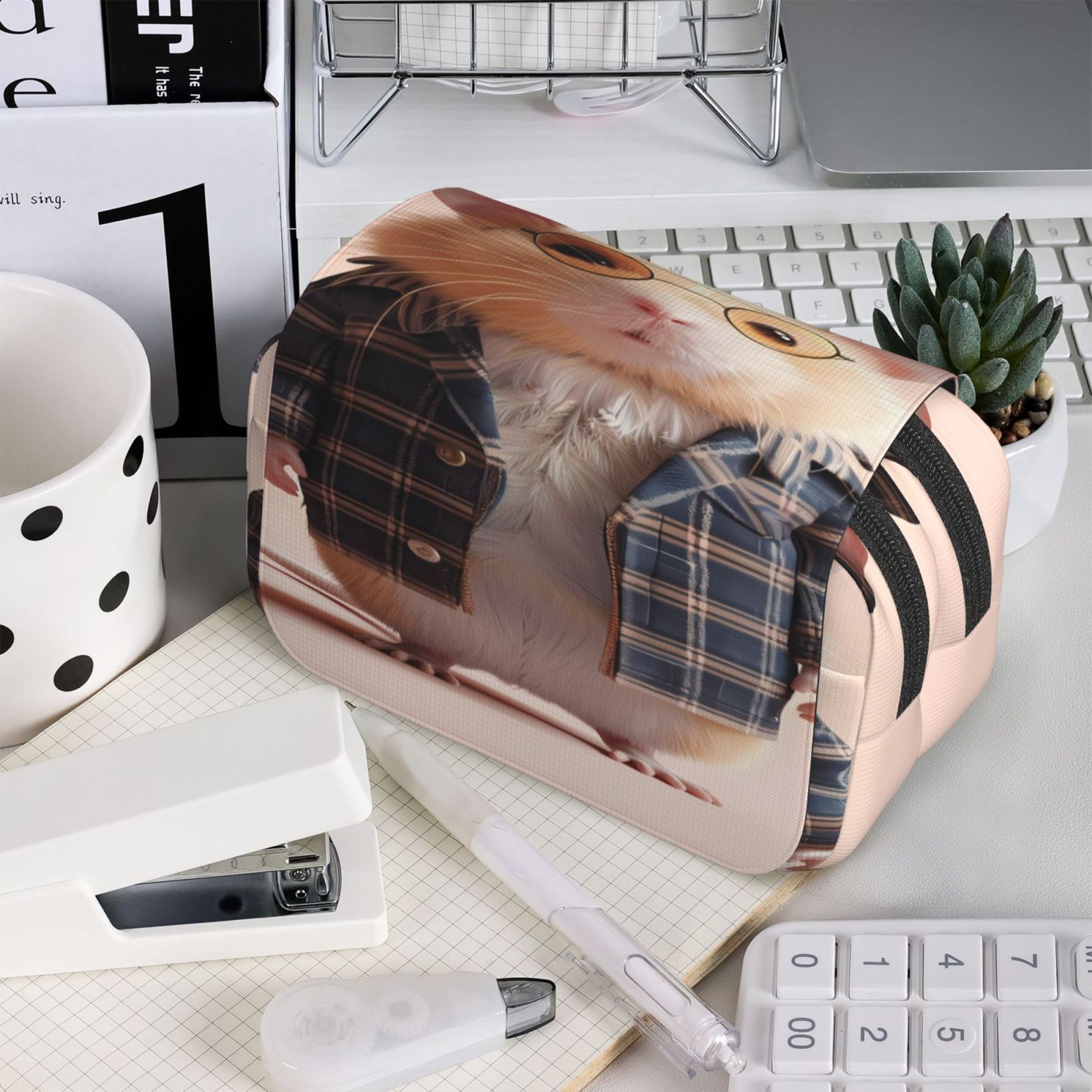 Rateoe Cute Mouse In Glasses Pattern Double Clamshell Pen Case, Storage Organizer with Two Zipper Compartments– Holds Up to 50 Pencils & Pens
