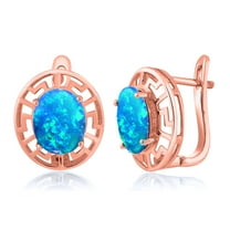 Gem Stone King 18K Rose Gold Plated Silver Blue Simulated Opal Greek Key Earrings for Women (1.70 Cttw, Gemstone October Birthstone, Oval Cabochon 10X8MM)