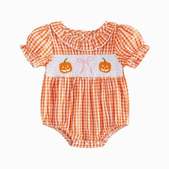 Baby Girl Halloween Outfit Newborn Pumpkin Smocked Bubble Romper | Halloween Baby Girl Outfit Pumpkin Bow Embroidery Somcked Bubble Romper Short Sleeve Bodysuit Infant Fall Winter Outfit