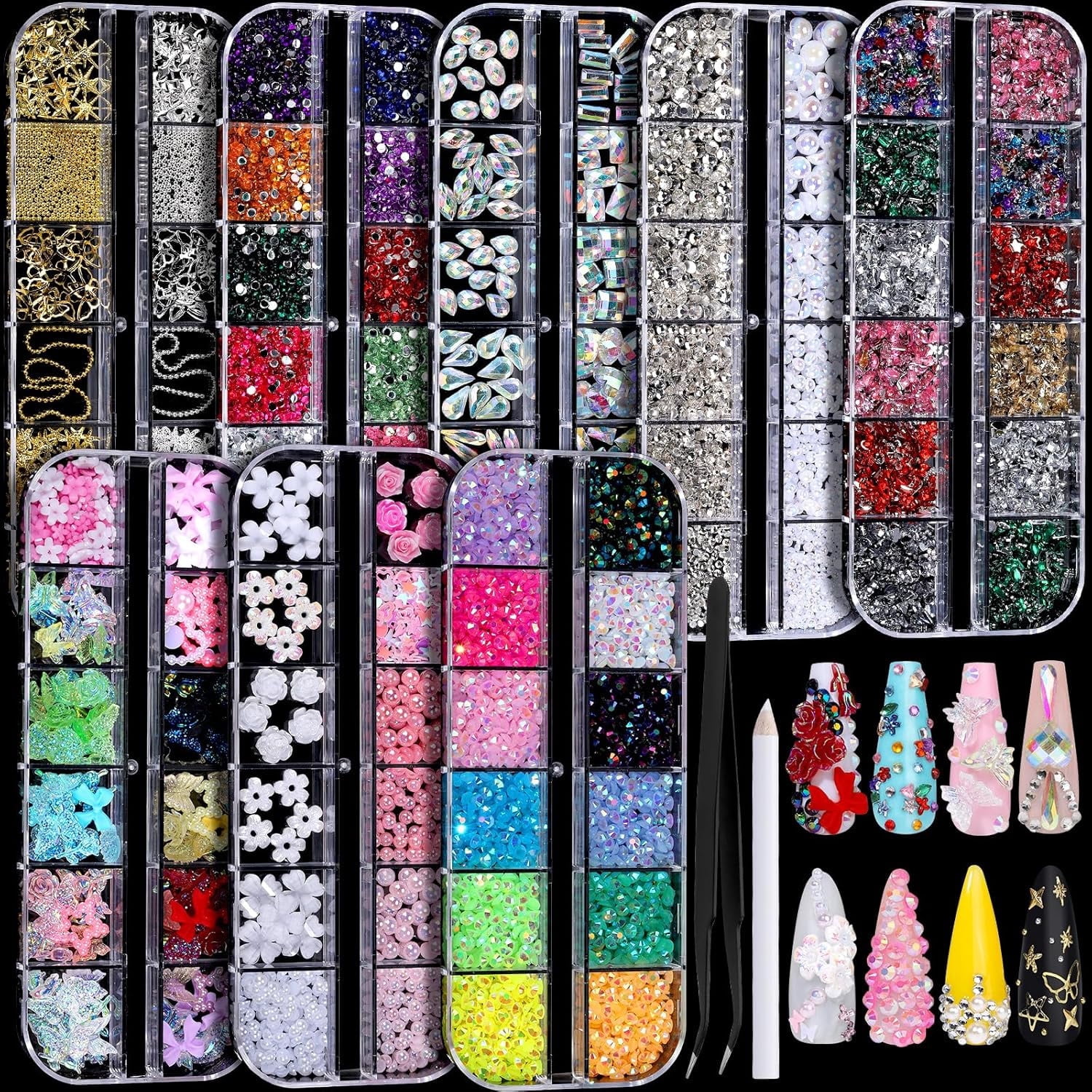 Senlleo Charms, Nail Rhinestones Kit with 8 Boxes of Nail Gems, 3D Charms for Nails, Colorful Clear Flatback Rhinestones, Charms Y2K for Nails, Multi Shape Pearls Jewels for Crafts