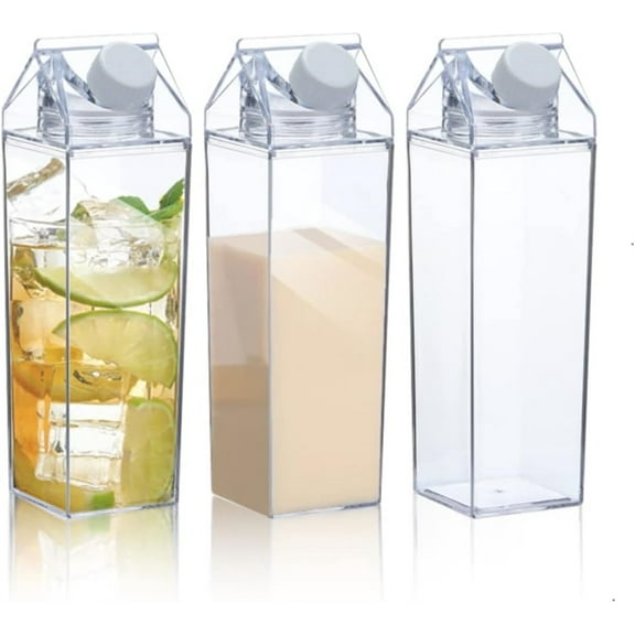 Bexikou Clear Milk Carton Water Bottles, 17Oz Leakproof Cute Square Milk Box Portable Juice Bottle for Outdoor Sports Travel Camping School Activities