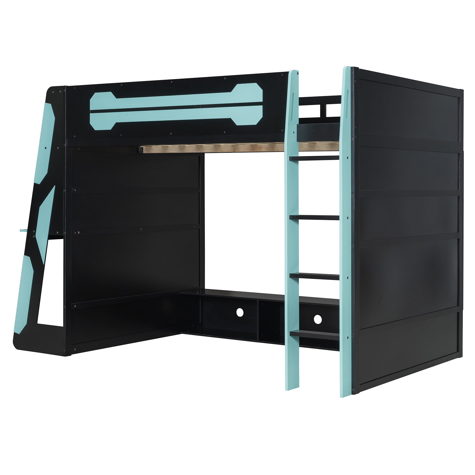 Mintazer Esports Full Size Loft Bed Frame with Gaming Desk & RGB Lights, Gaming Loft Bed with Open Storage Shelves & Charge Station for Teen Boys Bedroom, Blue