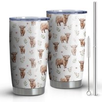 20oz Tumblers White Highland Cow Flower Leaf Pattern Stainless Steel Vacuum Insulated Double Wall Travel Tumbler Cups Mug with Lid and Straw,Cleaning Brush for Cold & Hot Drinks