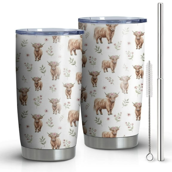 20oz Tumblers White Highland Cow Flower Leaf Pattern Stainless Steel Vacuum Insulated Double Wall Travel Tumbler Cups Mug with Lid and Straw,Cleaning Brush for Cold & Hot Drinks