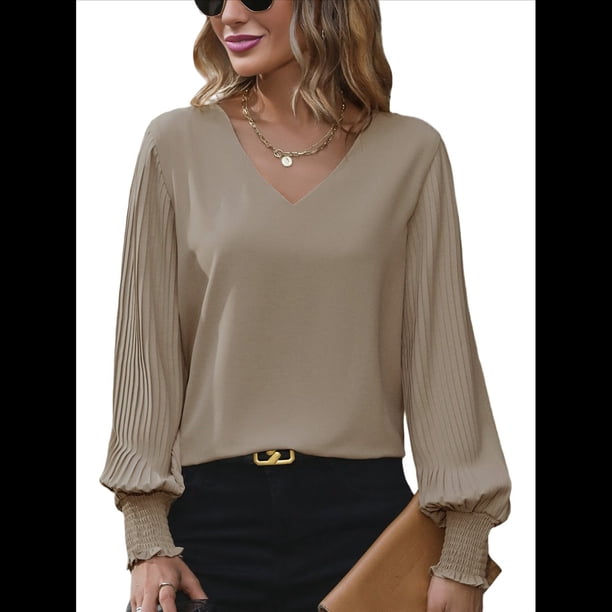 Camisa Informal Sencilla de Larga con Cuello en V para Mujer, Color Liso, Plisada, con Mangas Farol Caqui XL