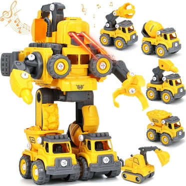 Toddler Robot Construction Vehicles Set, 5 in 1 Construction Car Toy & Transforming Robots for Kids DIY Assembly STEM  Educational Toys for 3 4 5 6 7 Year Old Boys Gifts