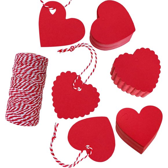 120 etiquetas de regalo de San Valentín con forma de corazón rojo con cadena de 328 pies para el día de San Valentín, boda, día de la madre, Acción de Gracias, fiesta, regalo