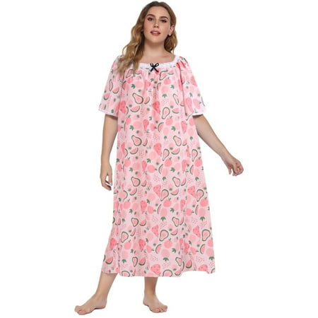 

Plus Size Nightgown for Women Print Short Sleeve Casual Night Dress Loose Rustic Style Nightshirt Square Neck Bowknot Lace Neckline Sleepwear Spring Summer Lounge Pjs Pink XL-4XL