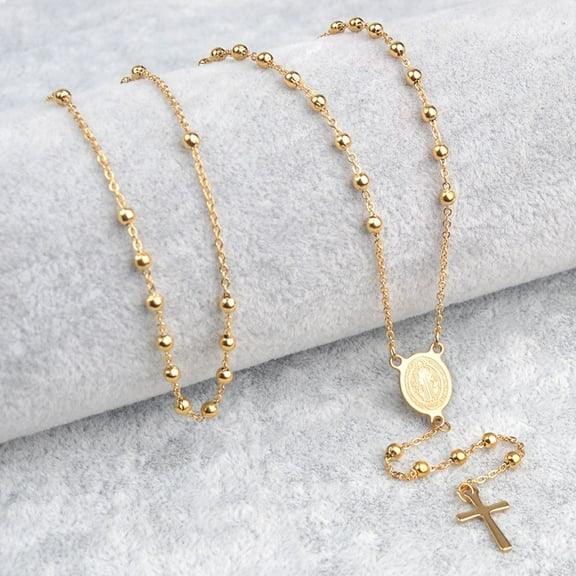QDhaobang Virgin Mary St Benedict Catholic Prayers 14K Yellow Gold Women Religious Long Rosary Necklace