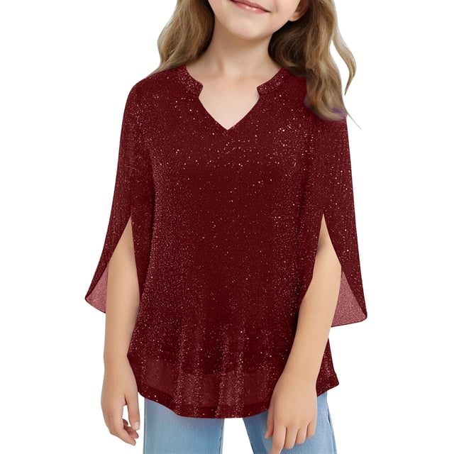 Top de fiesta transpirable brillante con estampado dorado de malla de color liso para niñas, para niñas medianas y grandes, con mangas 3/4 y cuello en V.