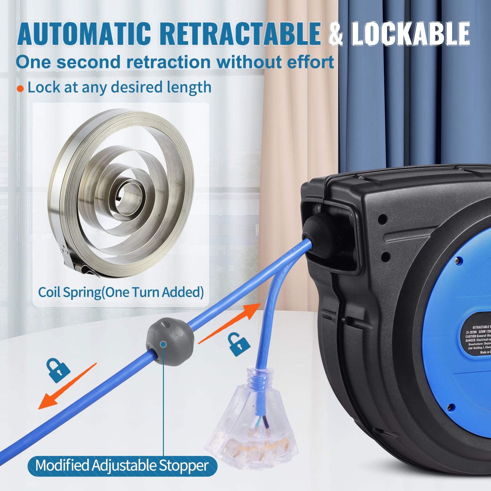 KFFKFF Retractable Power Cable Reel, 80 FT, Durable 12AWG/3C