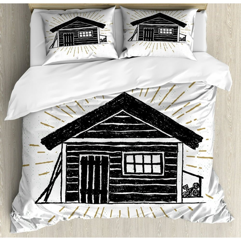 Log Cabin Duvet Cover Set, Grunge Style Hand Drawn Sketch of a Simple