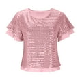 thumbnail image 6 of purcolt Womens Sequin Crop Tops Crew Neck Ruffled Short Sleeve Shirts Party Club Concert Outfits, 6 of 8