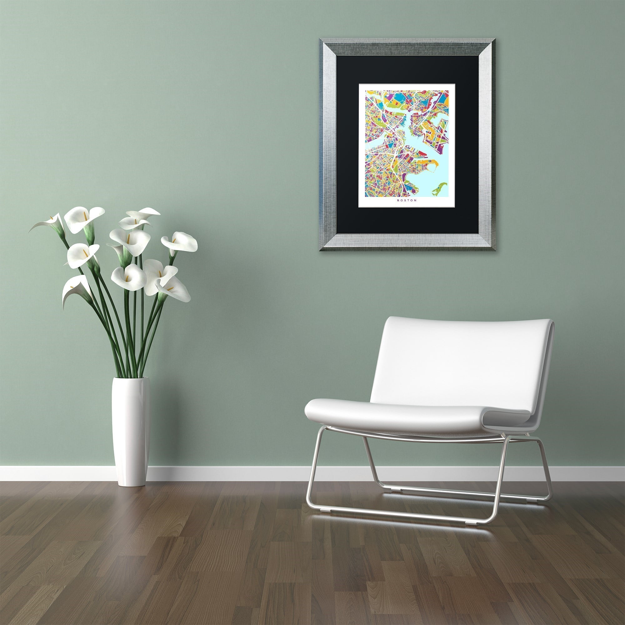 Trademark Fine Art "Boston MA Street Map 2" Canvas Art by Michael Tompsett, Black Matte, Silver Frame