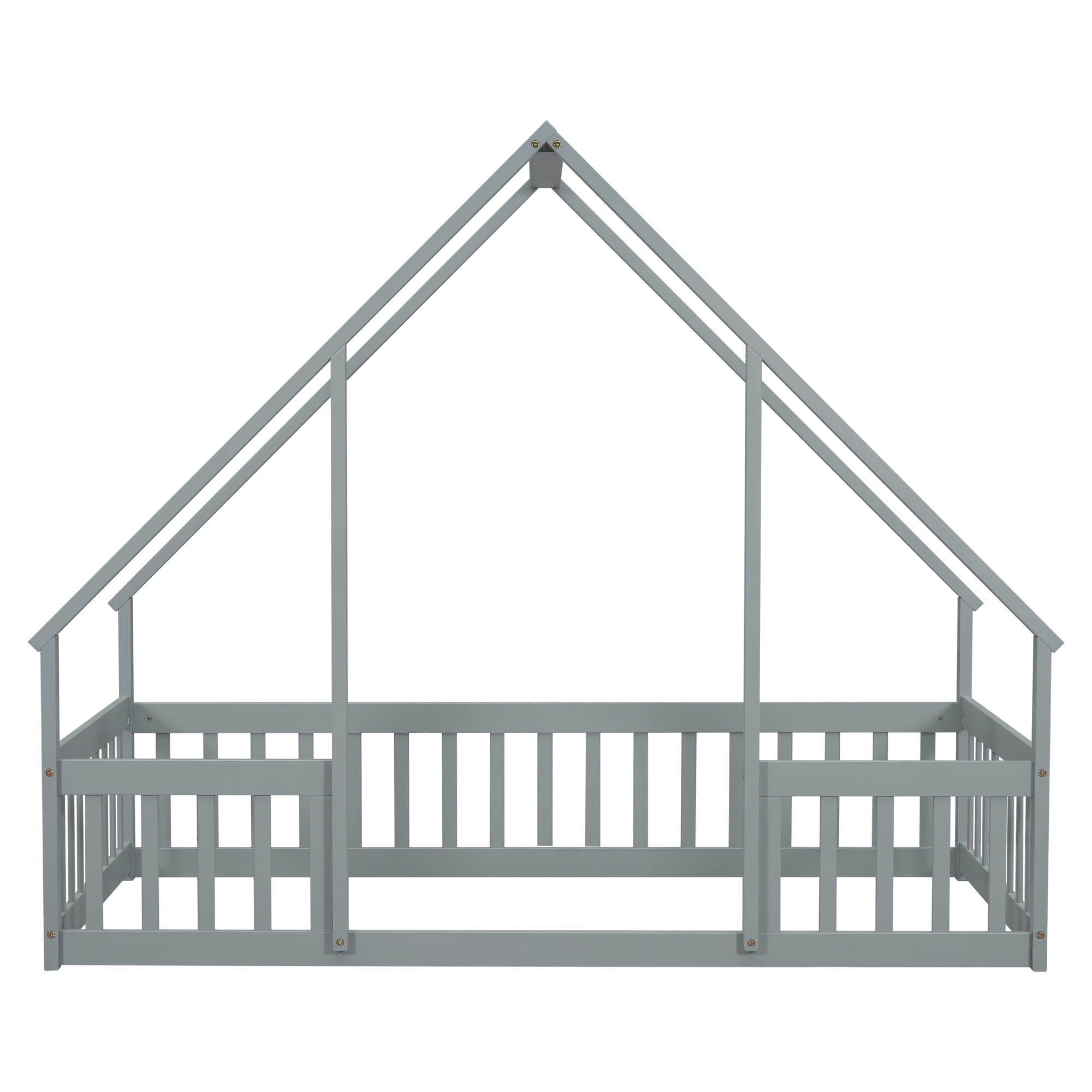 Leumius Twin Wood House-Shaped Floor Bed with Fence, Guardrails for Boys Girls Grey
