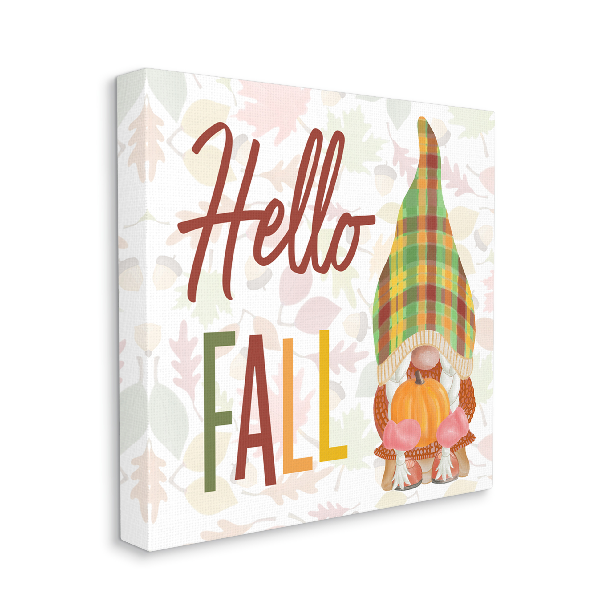 Hello Fall Cozy Tartan Gnome Holding Pumpkin Inspirational Graphic Art Gallery-Wrapped Canvas Print Wall Art