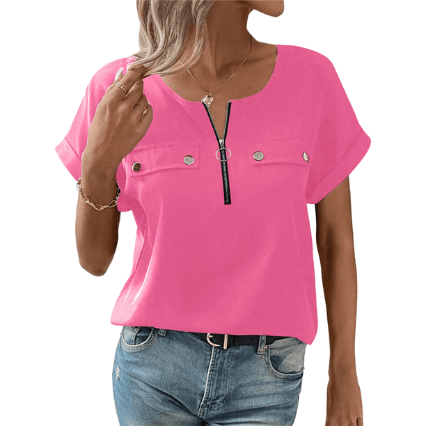 Blusa con Cremallera para Mujer, de Poliéster, con Botones y Corta, Ideal para el Tiempo Libre, Color Rosa XXL