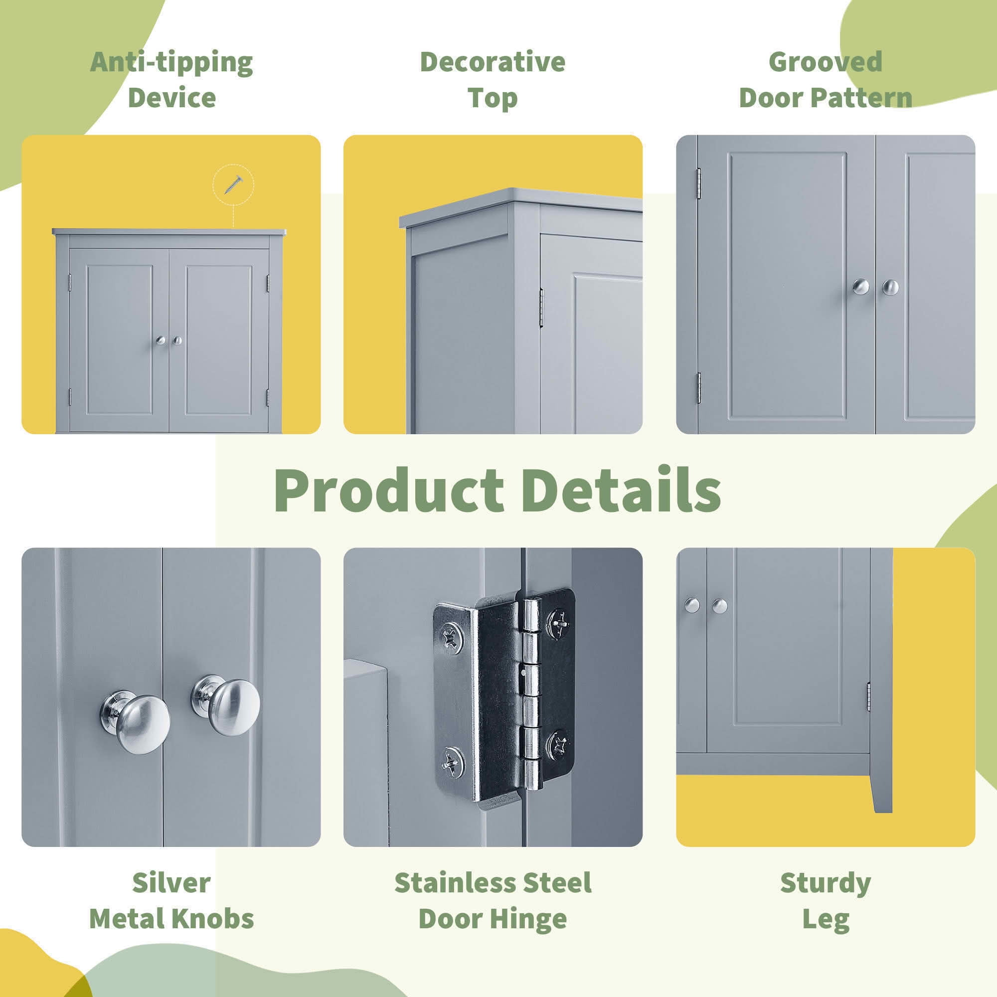MAYEERTY Elegant Bathroom Cabinet Freestanding 4 Doors Adjustable Shelves Gray