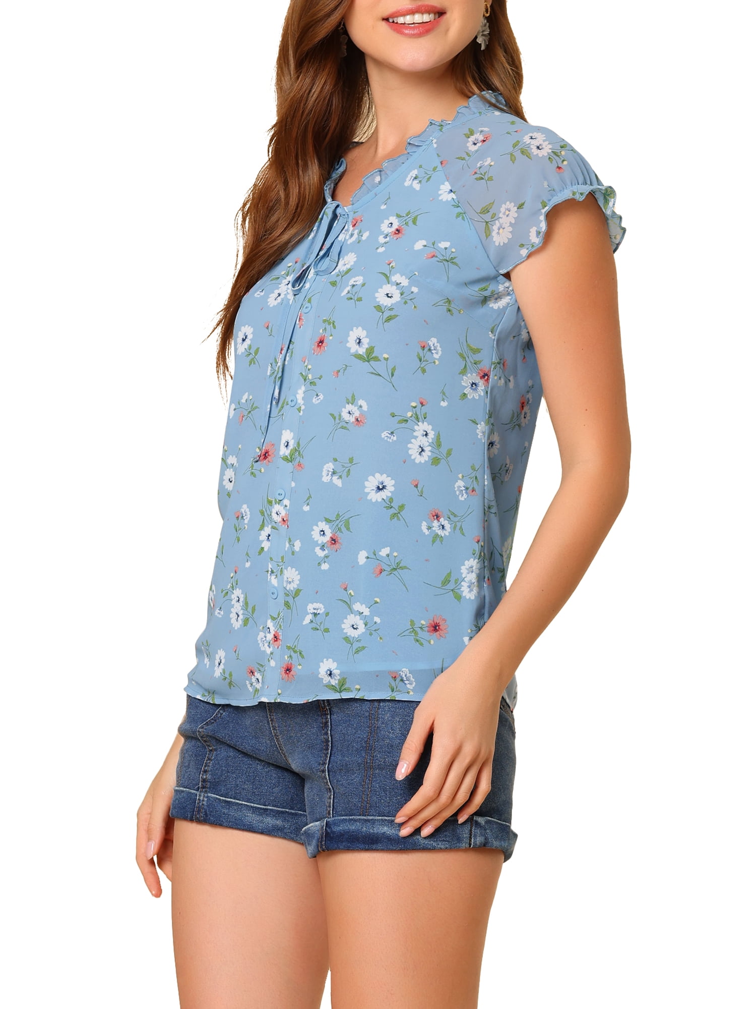 DARING DIVA Women's Ruffle V Neck Cap Sleeve Chiffon Floral Blouse Top S Blue