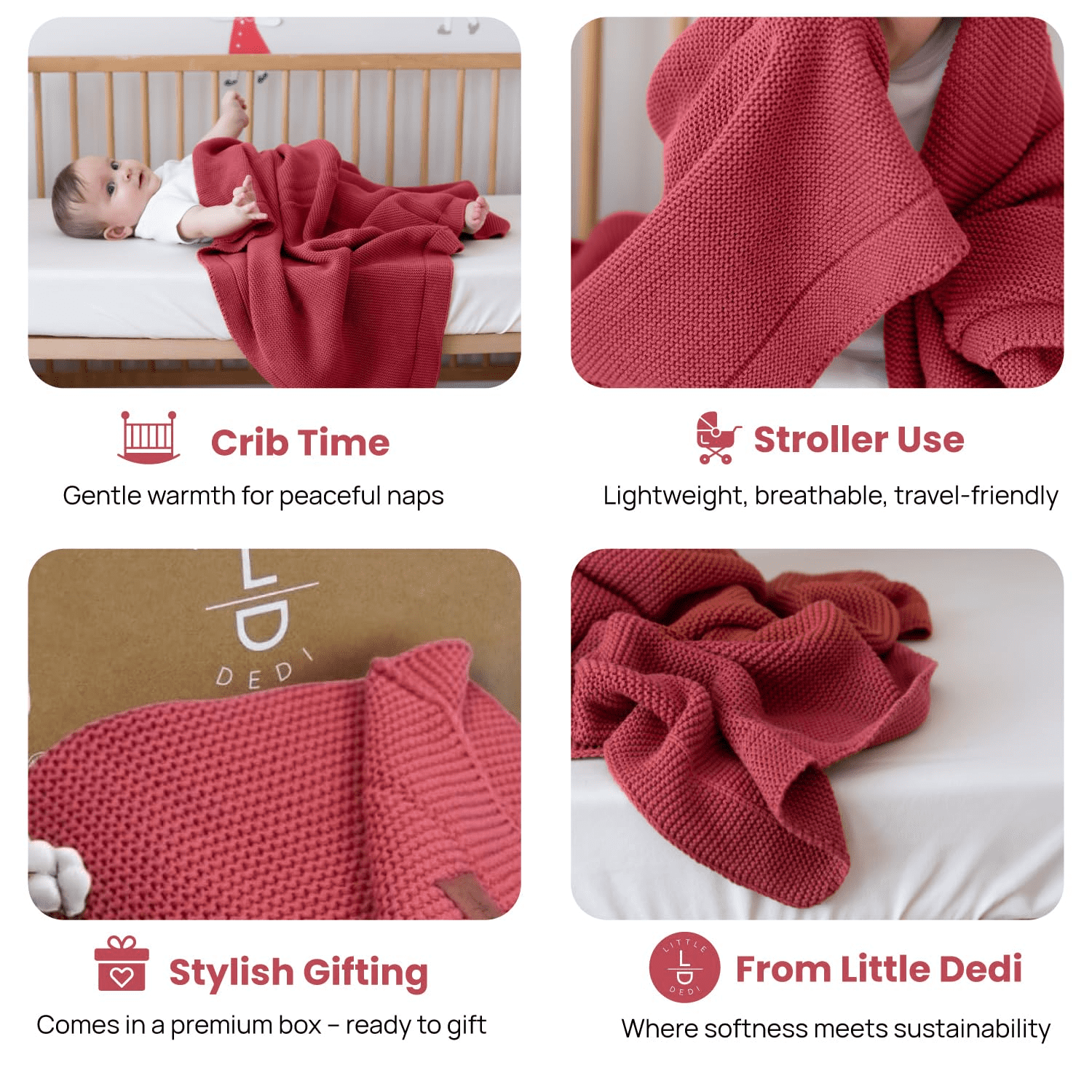 Little Dedi 100% Organic Cotton Baby Knitted Blanket with Gift Box - Soft Toddler, Crib, Stroller Blanket - Neutral Swaddle and Receiving Blanket for Newborns, 30"x40", Amberglow
