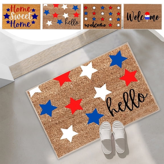 Boovnll 4th of July Door Mat Red White Blue Welcome Doormat, Soft Absorbent Non-Slip Catch Mud Patriotic Door Mat for Outdoor Indoor Entrance, 4th of July Decorations 16x24"