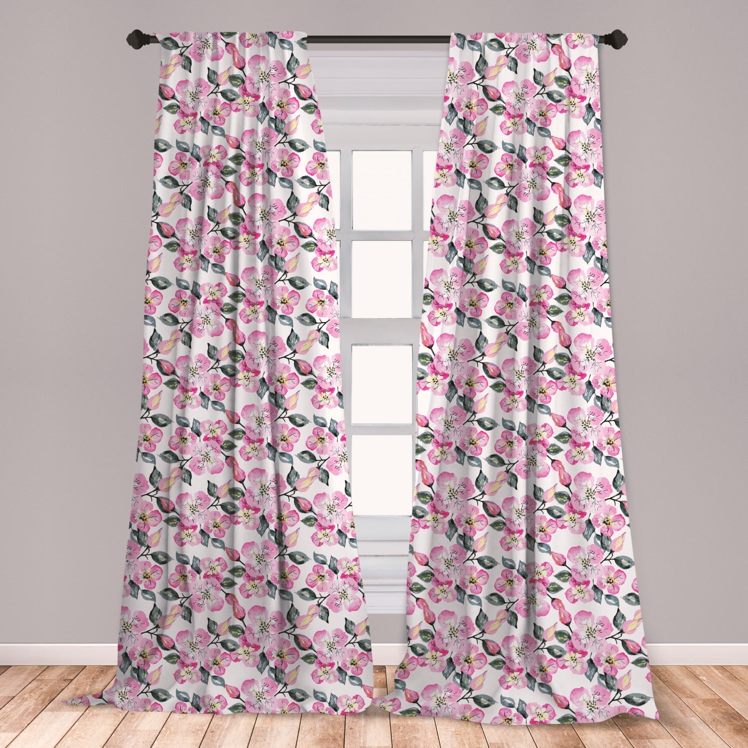 Pink and Grey Curtains 2 Panels Set, Lively Fresh Pink Petals Aquarelle
