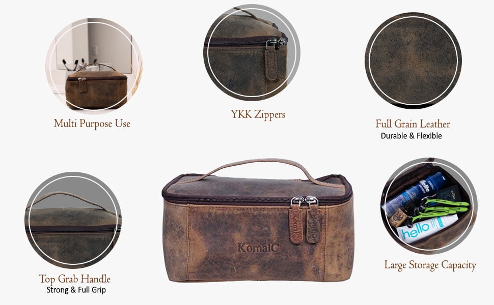 Komalc genuine Unisex Vanity Leather Dopp kit - Travel Toiletry Bag Shaving Kit