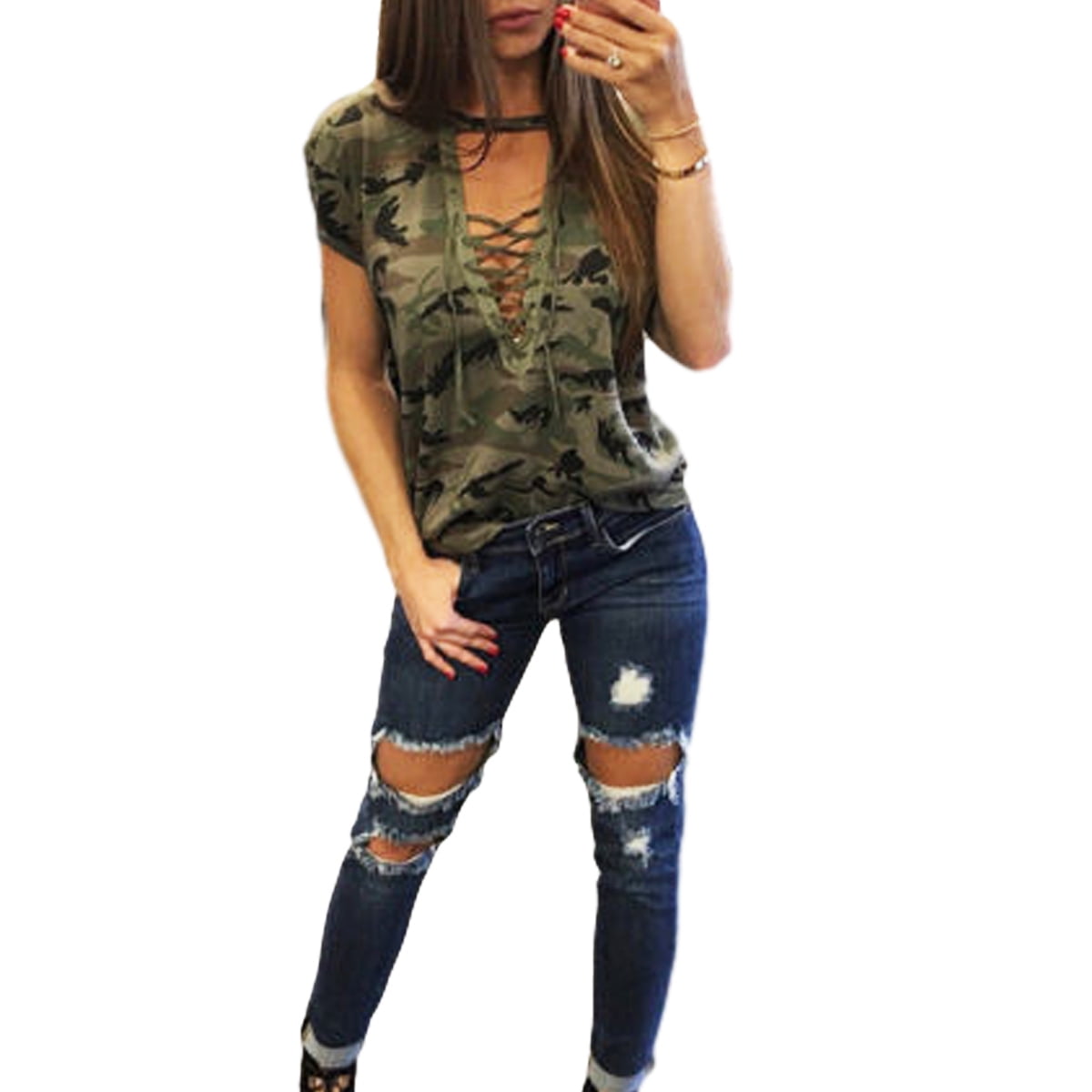 wsevypo Women's Camo Shirts Camouflage Print Choker V Neck Long Sleeve