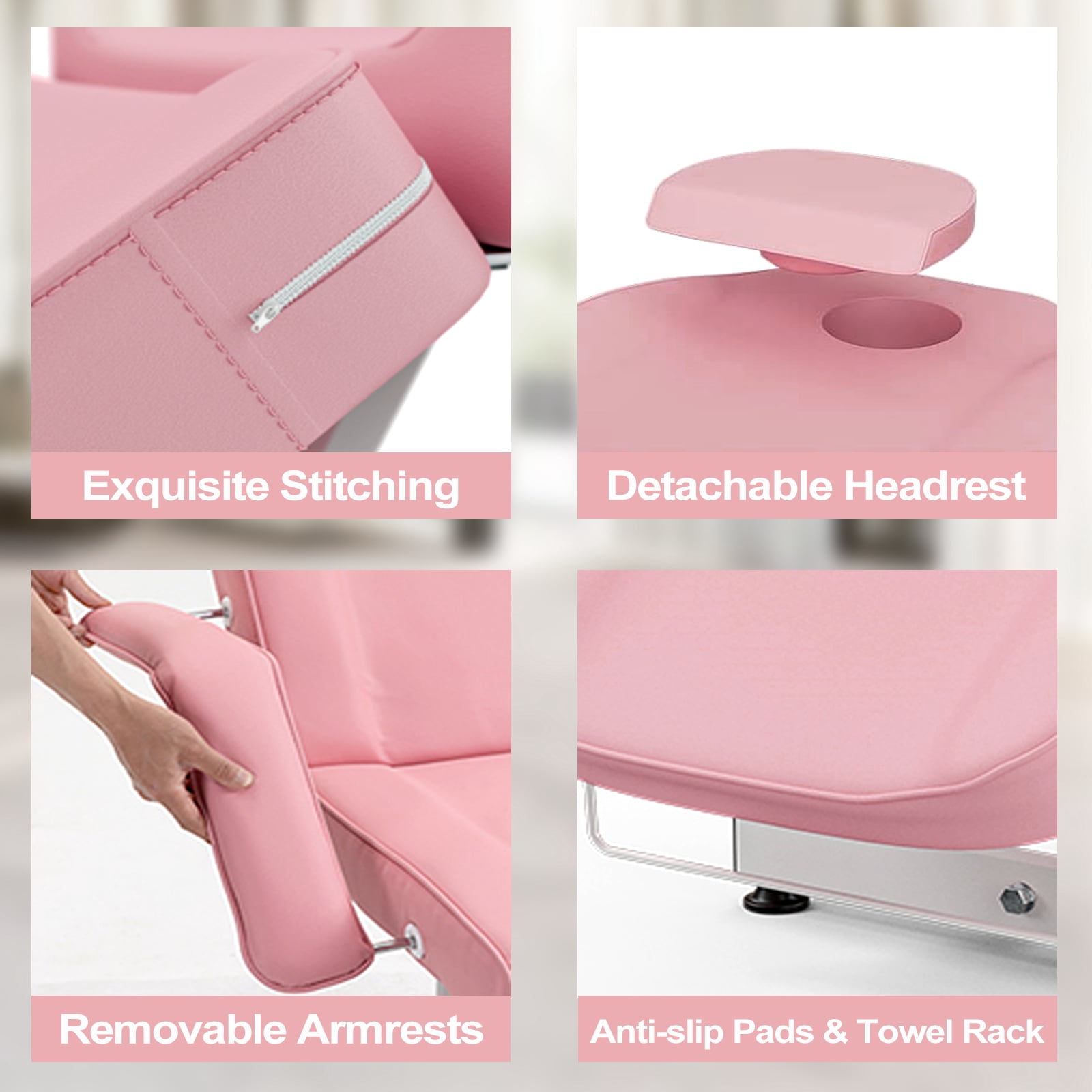 Massage Salon Tattoo Chair Esthetician Bed, Adjustable Facial Bed with Hydraulic Stool, Removable Headrest, Spa Bed Beauty Barber Massage Equipment, Pink