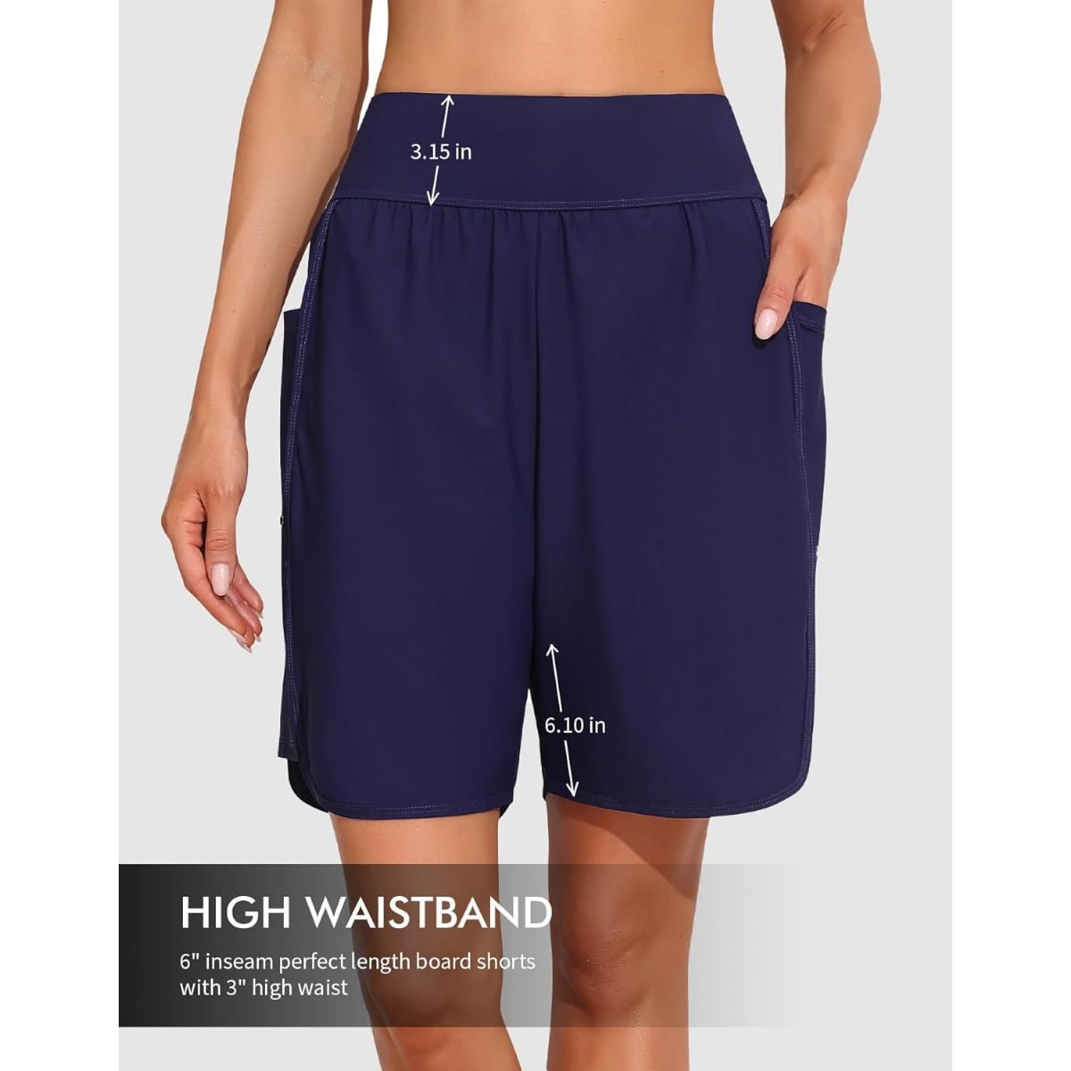 Alove Womens 6" Swim Shorts Built-in Brief Solid High Waisted Board Shorts with Pockets Quick Dry UPF50+ Swimsuit Bottoms