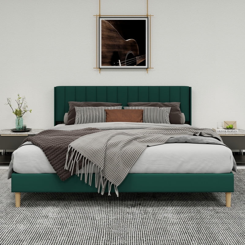 Pillfn Upholstered Platform King Size Bed Frame with Headboard Wooden Slats Support,Green