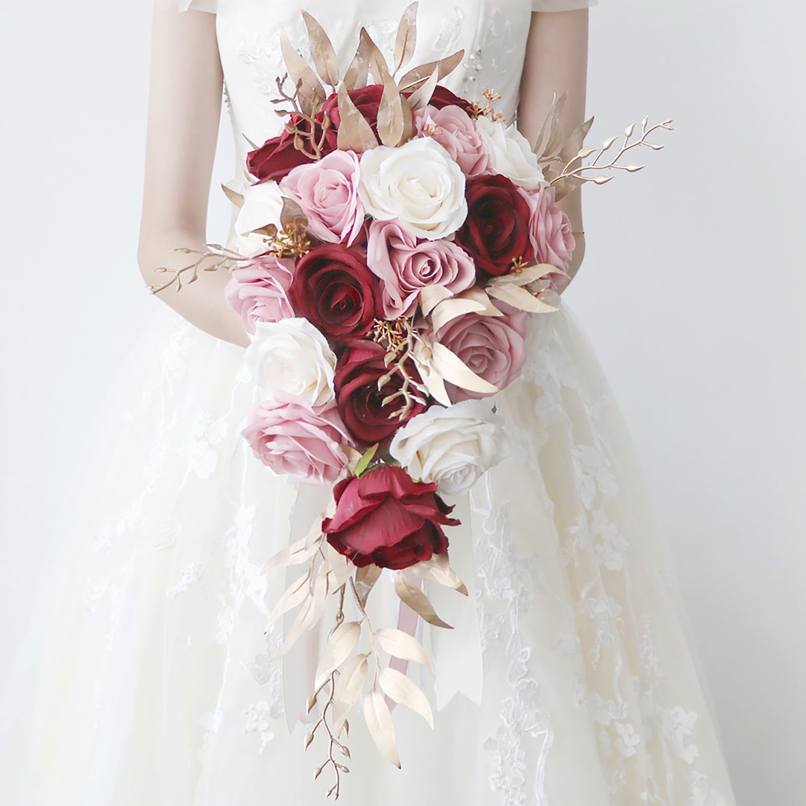Sardfxul Wedding Cascading Bride Bouquet Waterfall Artificial Holding Flower with Ribbon