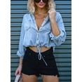 thumbnail image 3 of Women'S Cropped Denim Shirt Roll Up 3/4 Sleeve Casual Loose Drawstring Hem Button Front Jean Jacket Light Blue L, 3 of 7