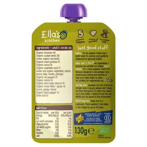 Ella's Kitchen Vegetable & Lentil Bake Baby Food Pouch 7+ Months 130g, British Import (Pack of 2)