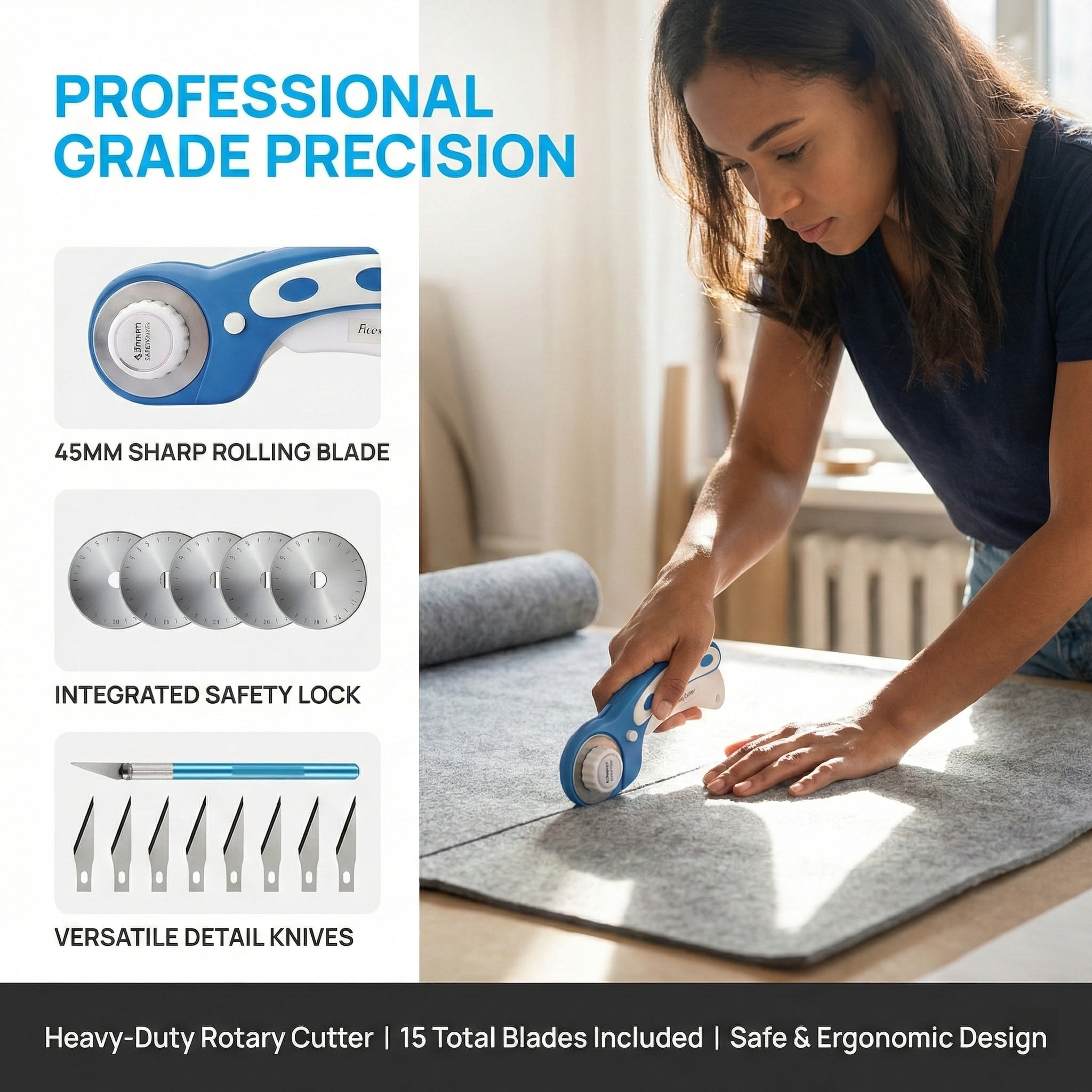 39 Pcs Rotary Cutter Set Blue with 45mm Fabric Cutter and Extra Blades for Quilting