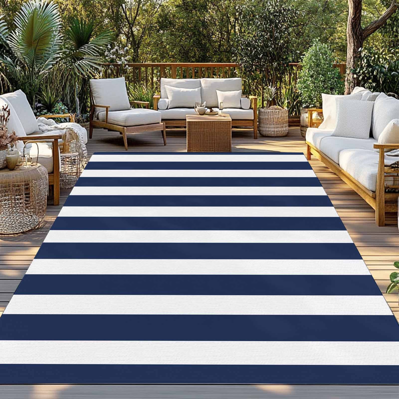 Outdoor Rug 4x6 ft Navy Blue White Geometric Stripes Waterproof Outdoor Patio Rug Mat Non Slip Outside Area Rugs Carpet for RV,Camping,Porch,Deck,Pool,Balconybackyard,Minimalist Modern Art