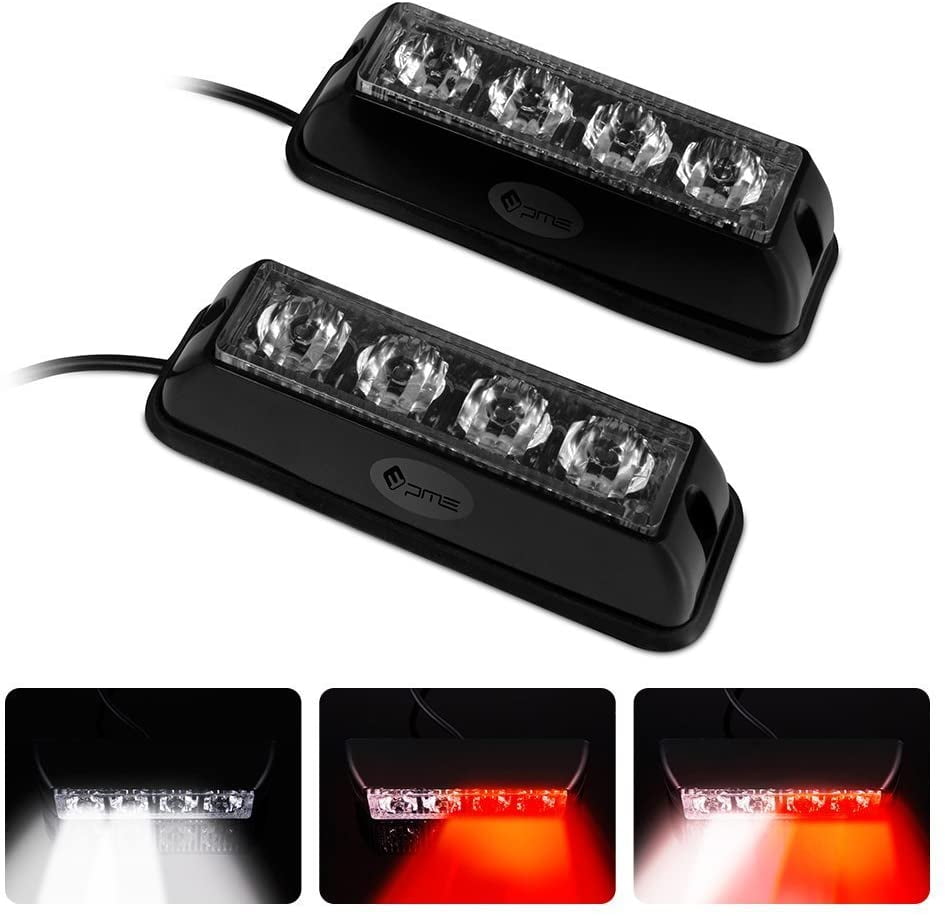 4-LED White & Amber Emergency Strobe Light Bar - 16 Flashing Patterns, Waterproof, For Car, Truck, SUV, Van (12V)