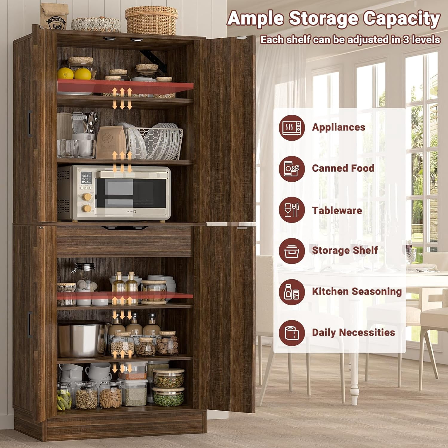 iSunirm 71" Tall Kitchen Pantry Storage Cabinet with Drawer, 4 Doors and 4 Adjustable Shelves, Freestanding Wood Farmhouse Pantry Cabinet for Kitchen, Dining Room, Pantry