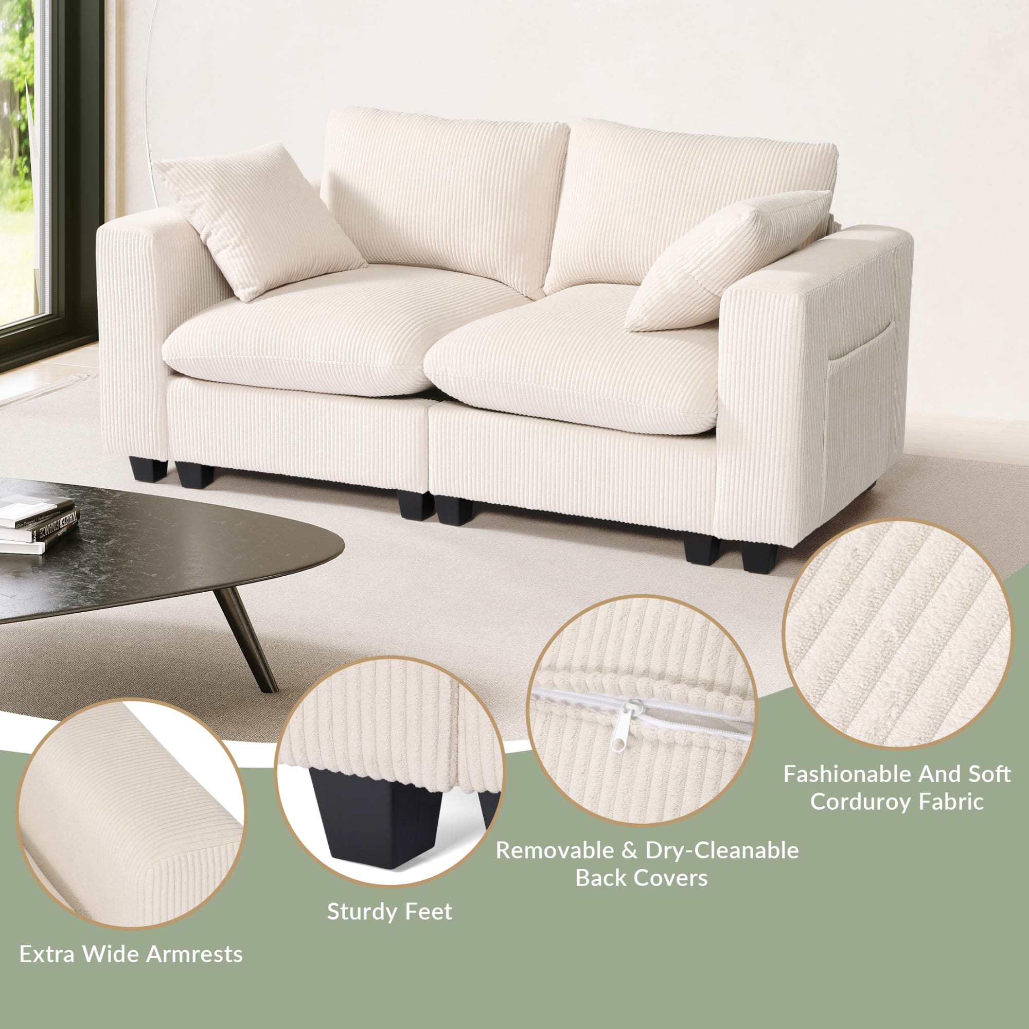 WestinTrends Hearthside 70" Modular Corduroy Loveseat Sofa With USB/Type-C Ports and Side Pockets, Cream