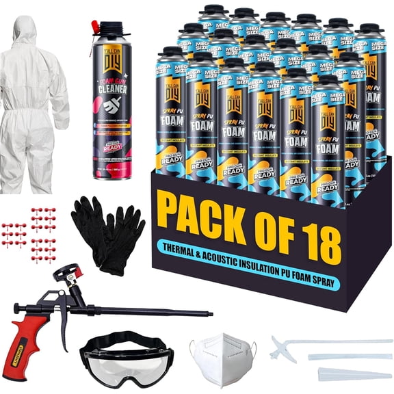 Y'allCanDiy Closed Cell Spray Foam Insulation Kit (18 Pack - 36.6 oz) Expanding Foam for Thermal & Soundproofing - Including 1 Teflon-Coated Gun, 1 Cleaner, 1 Safety Suit, 1 Safety Glass and Gloves