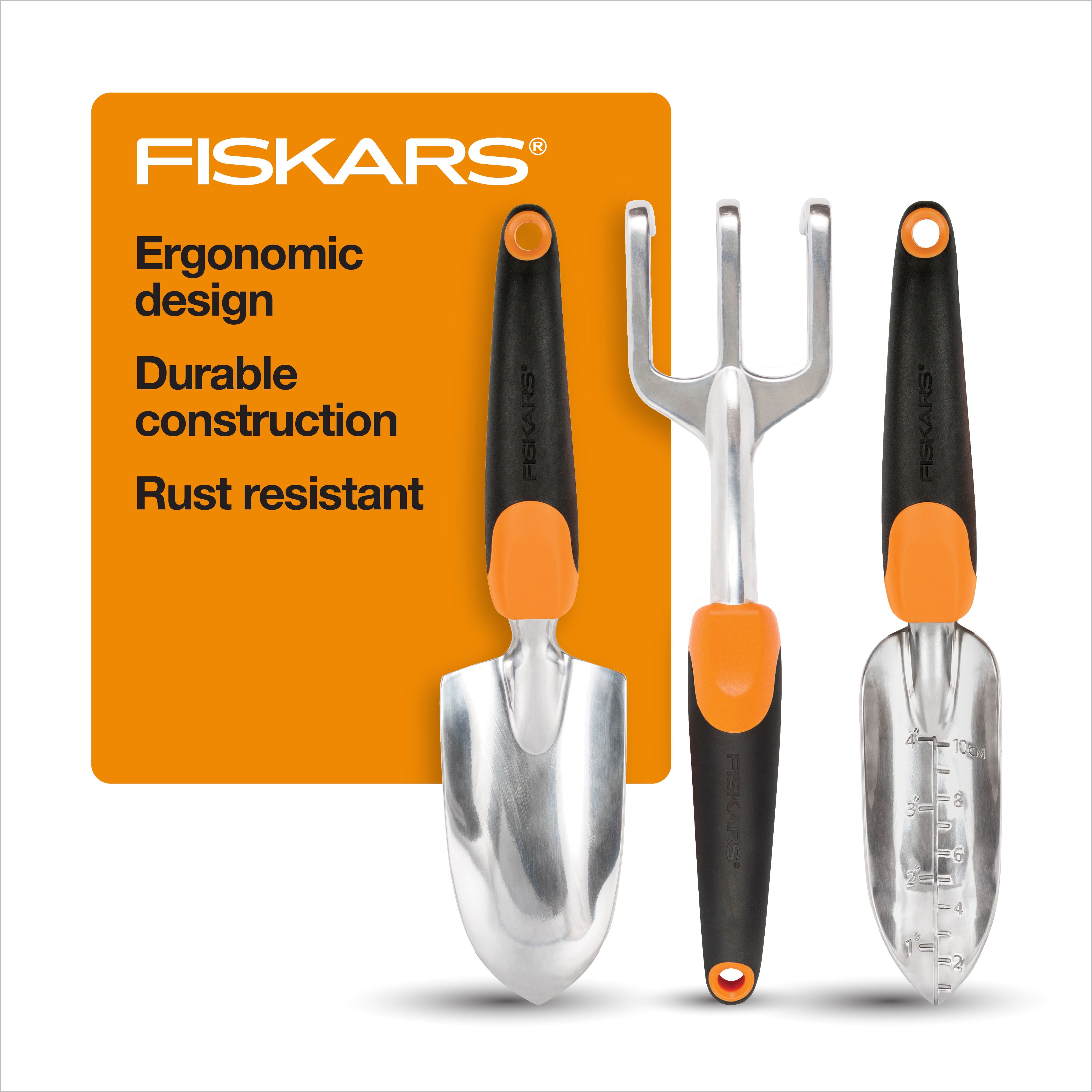 Fiskars 3-in-1 Gardening Tools - Trowel, Transplanter, Cultivator for Gardening - Lawn and Garden - Black/Orange