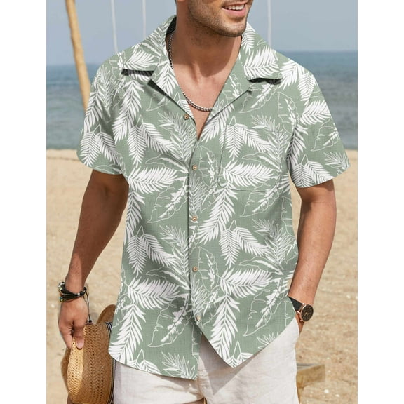 COOFANDY Mens Hawaiian Shirt Short Sleeve Buttoon Down Shirts Casual Tropical Floral Summer Linen Shirts Celadon Green- Palm Leaf XL