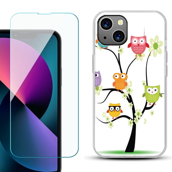 Slim-Fit Gel TPU Phone Case for iPhone 13 Mini, with Tempered Glass Screen Protector, by OneToughShield ® - Tree Owl