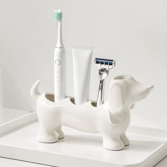 Dachshund Toothbrush Holder Organizer Base, Cute Resin Stand for Toothpaste and Makeup Brushes, Bathroom Countertop Storage