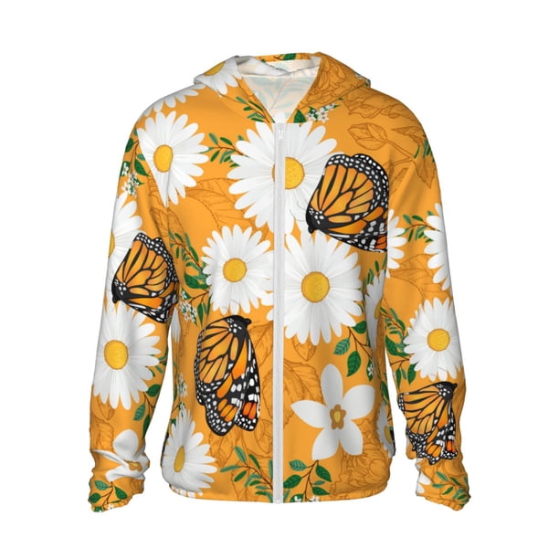 Fotbe White Floral and Butterflies Chaqueta con Protección Solar UPF 50+ para Hombre y Mujer, Camisa con Capucha y Bolsillos-XX-Large