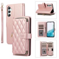 YEYKX Wallet Case for Samsung Galaxy S23 5G 6.1inch with Wrist/Shoulder Strap, 9 Card Slots Zipper Purse Luxury Leather Stand Checkered Cell Phone Cover,Rose Gold,For Galaxy S23 5G
