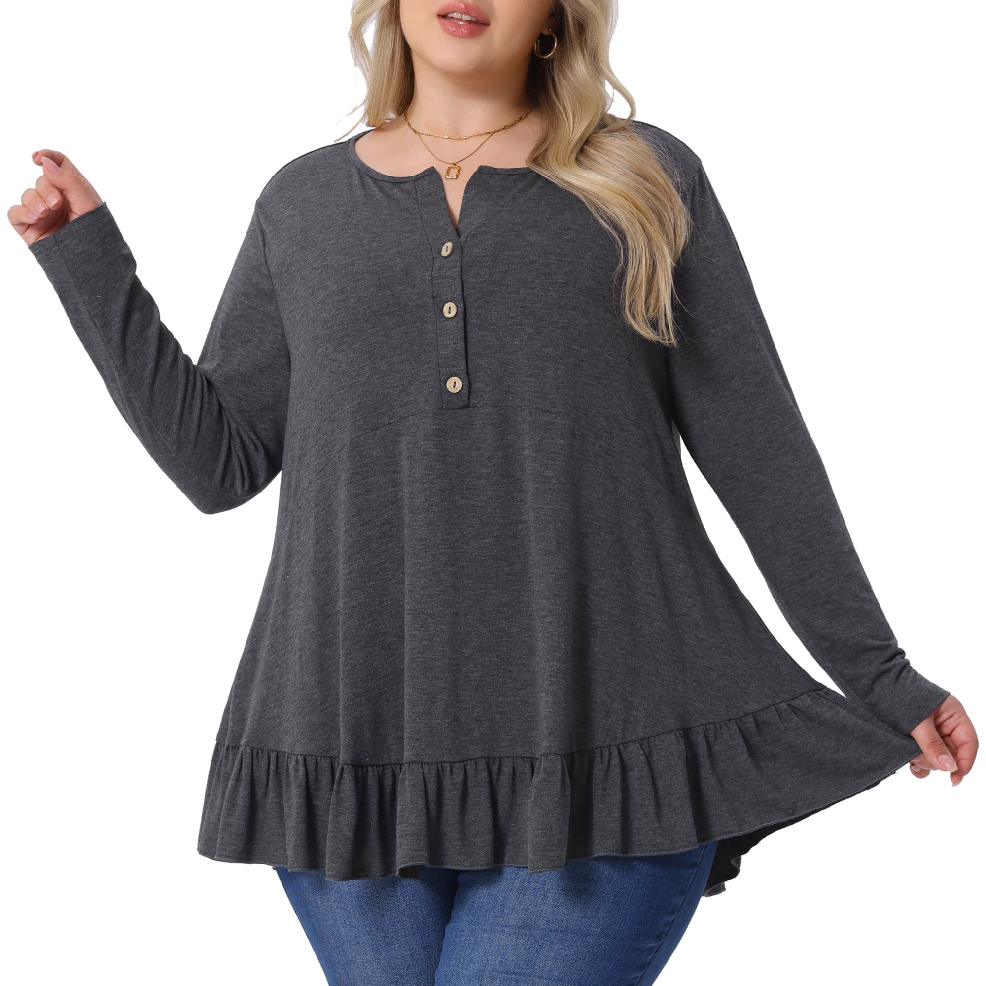 DARING DIVA Women' Plus Size Tunic Button Henley Blouses 1X Dark Gray
