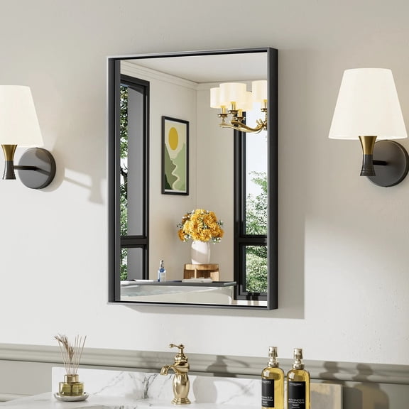 GODCHAR 28"x 20" Bathroom Vanity Mirror Rectangular Metal Frame French Cleat Mounted Wall Mirror Tempered Glass