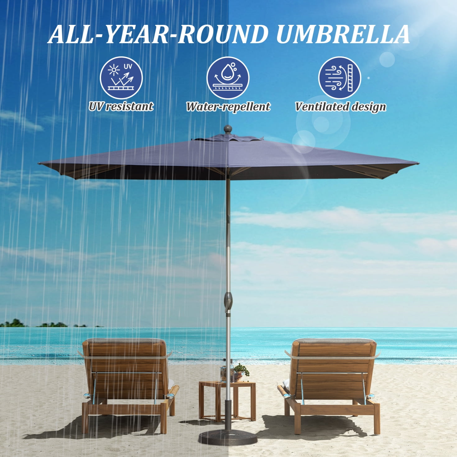 10FT Outdoor Patio Umbrella, Rectangle Market Umbrella with Push Button Tilt and Crank, Table Umbrella 8 Sturdy Ribs UV Protection for Deck, Backyard, Pool, Navy Blue